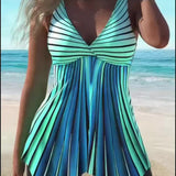Azul | Conjunto de tankini acampanado a rayas que cubre el vientre