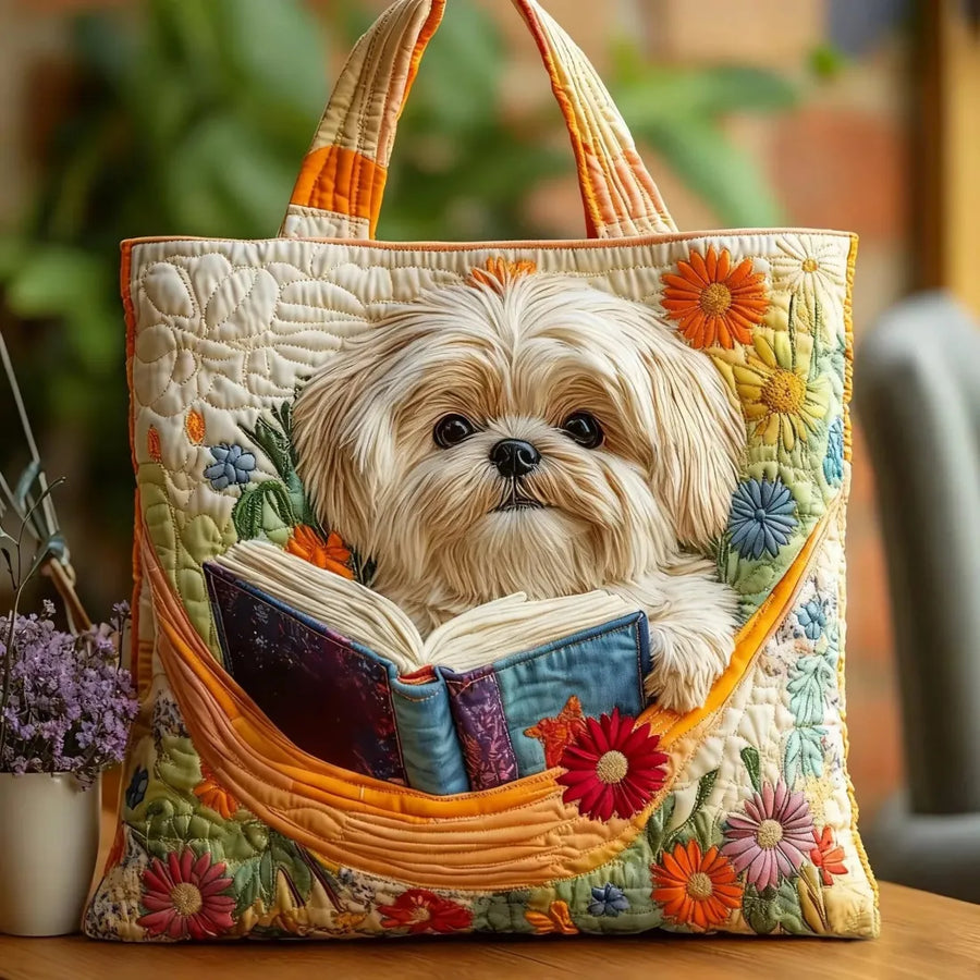 Bolso Artesanal - Shih Tzu con Libros y Flores