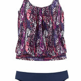 penacho | Conjunto de tankini con estampado de plumas que cubre el vientre