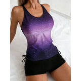 Celeste | Conjunto de tankini con estampado de galaxias que cubre el vientre