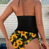 Soleado | Conjunto de tankini halter de girasol que cubre el vientre
