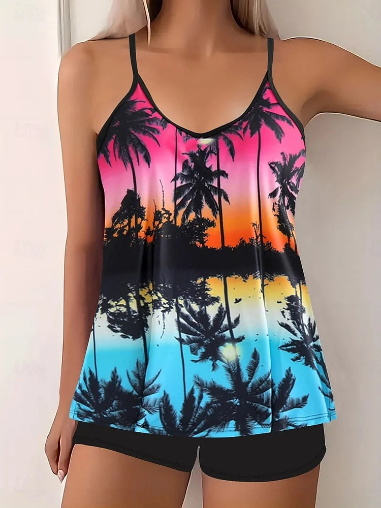 La Habana | Conjunto de tankini con estampado tropical y shorts de baño