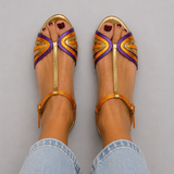 Albaira - Sandalias Doradas con Hebilla y Tira Multicolor para Verano
