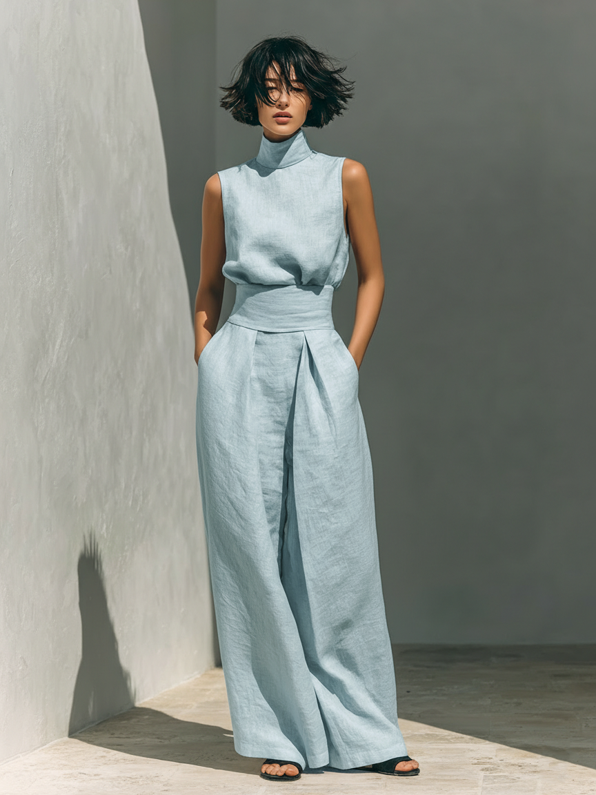 Conjunto Minimalista de Blusa Sin Mangas y Pantalón Ancho de Algodón y Lino