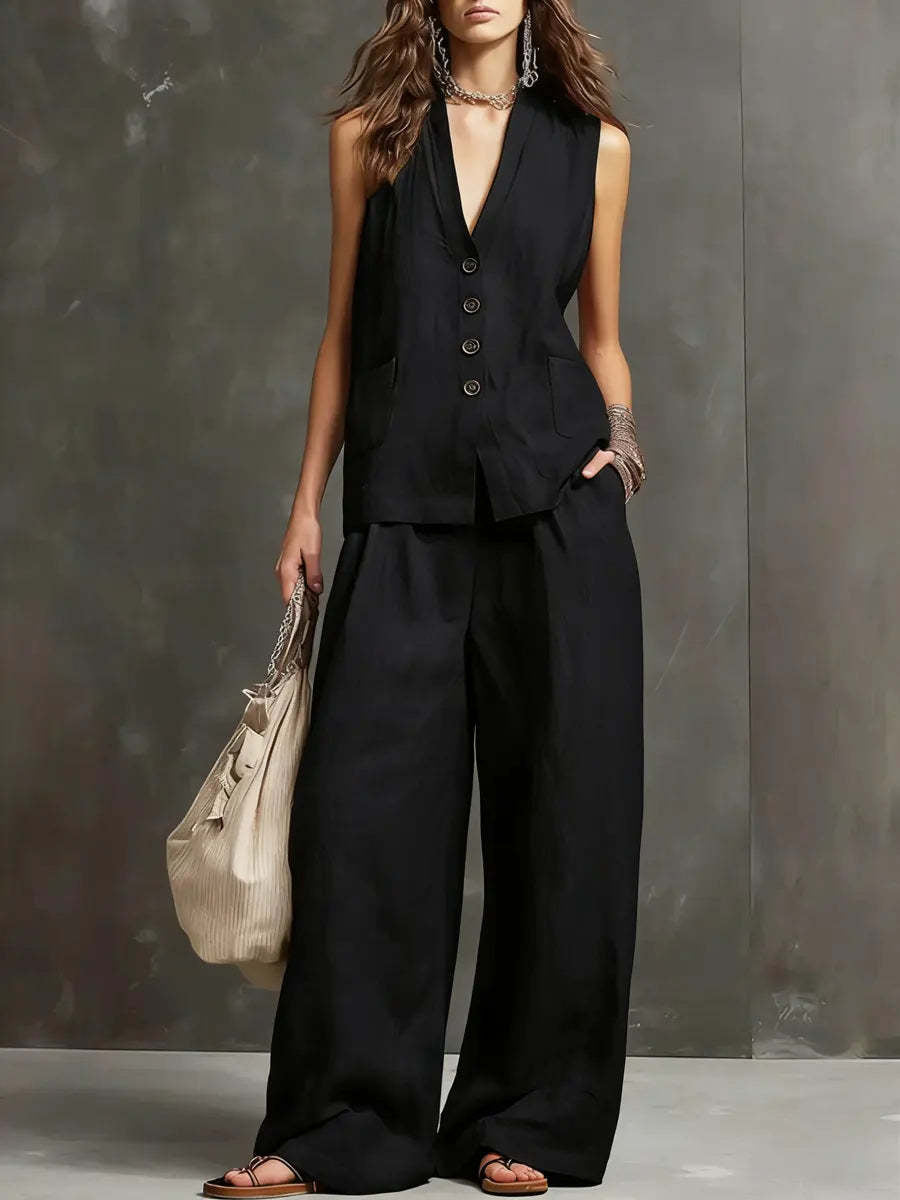 Conjunto de Algodón y Lino con Chaleco Sin Mangas y Pantalón Ancho