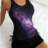 Celeste | Conjunto de tankini con estampado de galaxias que cubre el vientre