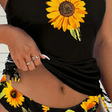 Soleado | Conjunto de tankini halter de girasol que cubre el vientre