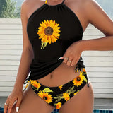 Soleado | Conjunto de tankini halter de girasol que cubre el vientre