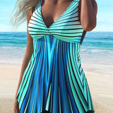 Azul | Conjunto de tankini acampanado a rayas que cubre el vientre