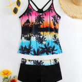La Habana | Conjunto de tankini con estampado tropical y shorts de baño