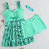 menta | Conjunto de vestido de baño floral que cubre el vientre