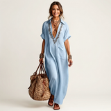 Petra | Vestido Maxi en Lino con Cuello y Escote en V Bordado