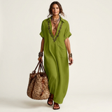 Petra | Vestido Maxi en Lino con Cuello y Escote en V Bordado