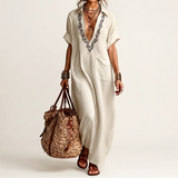 Petra | Vestido Maxi en Lino con Cuello y Escote en V Bordado
