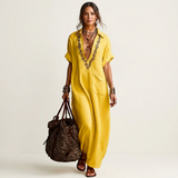 Petra | Vestido Maxi en Lino con Cuello y Escote en V Bordado