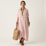 Aitana | Vestido Camisero Maxi con Cuello Contraste, Botones y Manga Corta