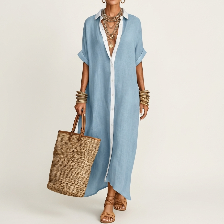 Aitana | Vestido Camisero Maxi con Cuello Contraste, Botones y Manga Corta
