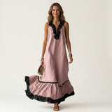 Serafina | Vestido Maxi sin Mangas con Cuello de Volantes y Ribete Contraste