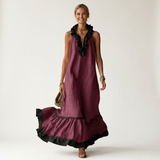 Serafina | Vestido Maxi sin Mangas con Cuello de Volantes y Ribete Contraste