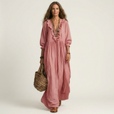 Paloma | Vestido Maxi de Rayas con Escote en V de Volantes y Manga Farol