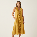 Violeta | Vestido Maxi en Lino sin Mangas con Escote en V y Volante Frontal