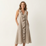 Violeta | Vestido Maxi en Lino sin Mangas con Escote en V y Volante Frontal