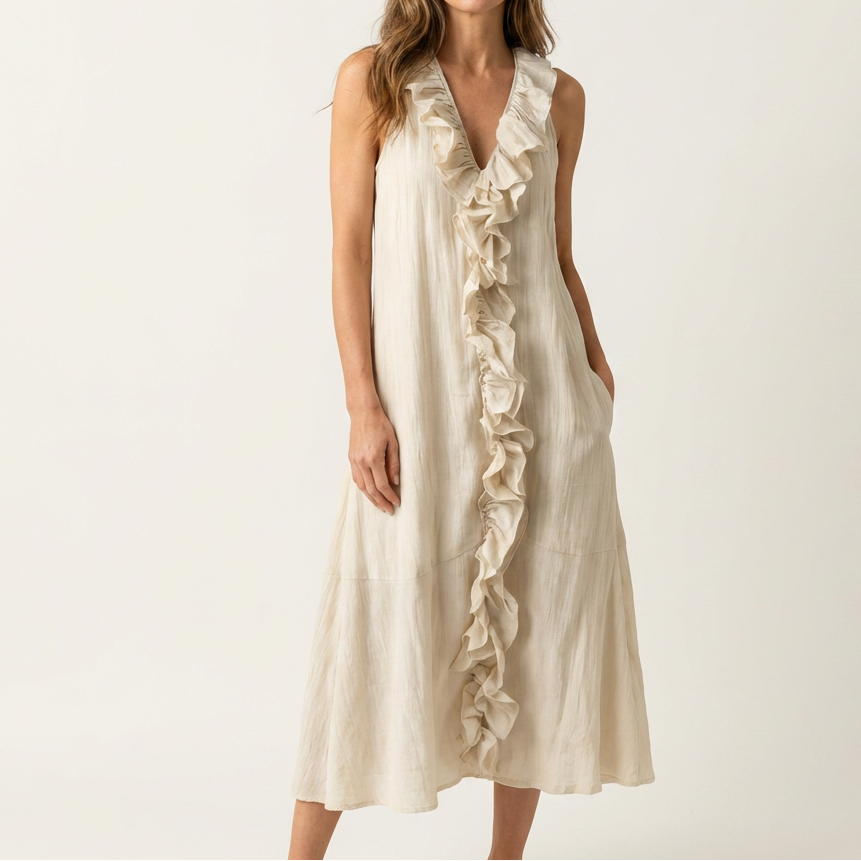 Violeta | Vestido Maxi en Lino sin Mangas con Escote en V y Volante Frontal