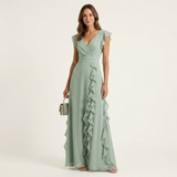 Celeste | Vestido Maxi Cruzado con Escote en V, Manga Mariposa y Volante Cascada