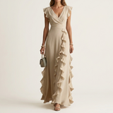 Celeste | Vestido Maxi Cruzado con Escote en V, Manga Mariposa y Volante Cascada