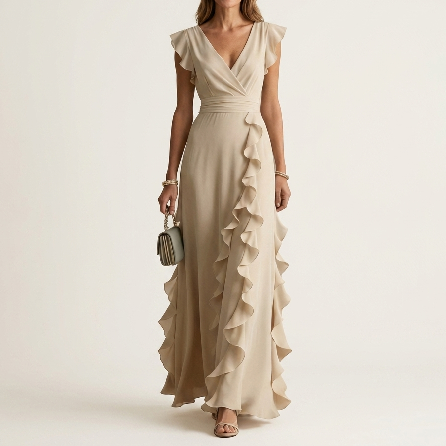 Celeste | Vestido Maxi Cruzado con Escote en V, Manga Mariposa y Volante Cascada