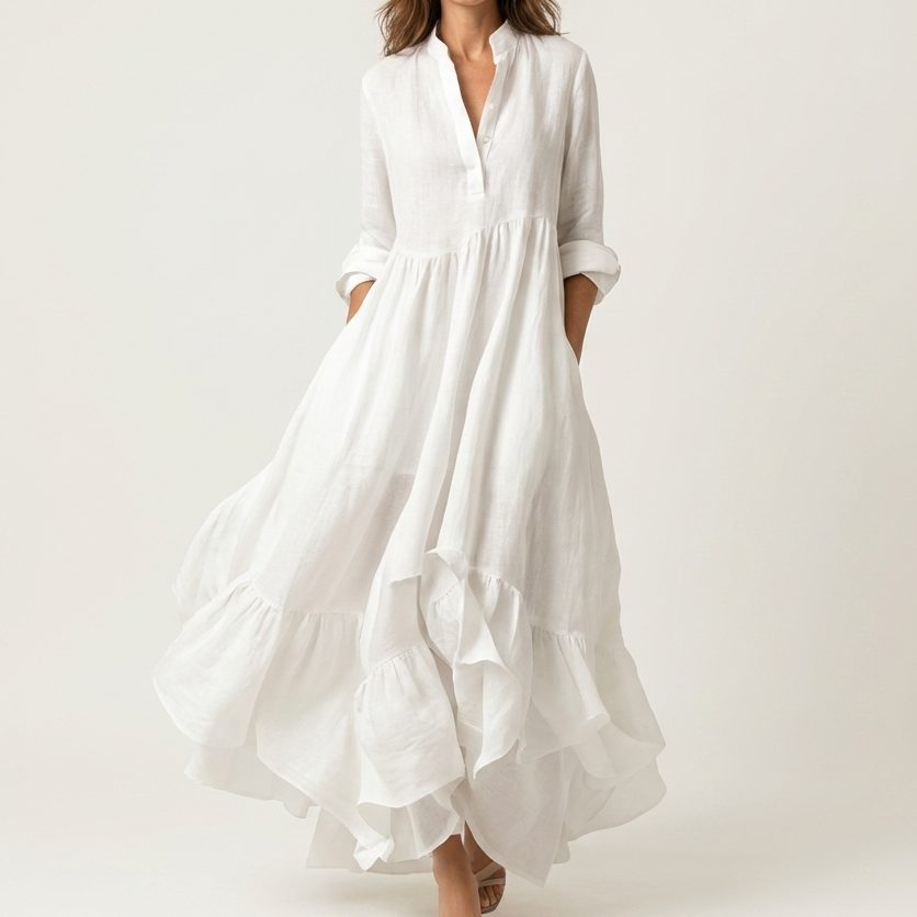 Adriana | Vestido Maxi con Cuello Mao, Botones y Bajo de Volantes