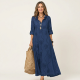 Odalys | Vestido Maxi en Algodón y Lino con Bordado Floral Tono sobre Tono