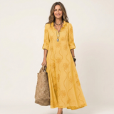 Odalys | Vestido Maxi en Algodón y Lino con Bordado Floral Tono sobre Tono